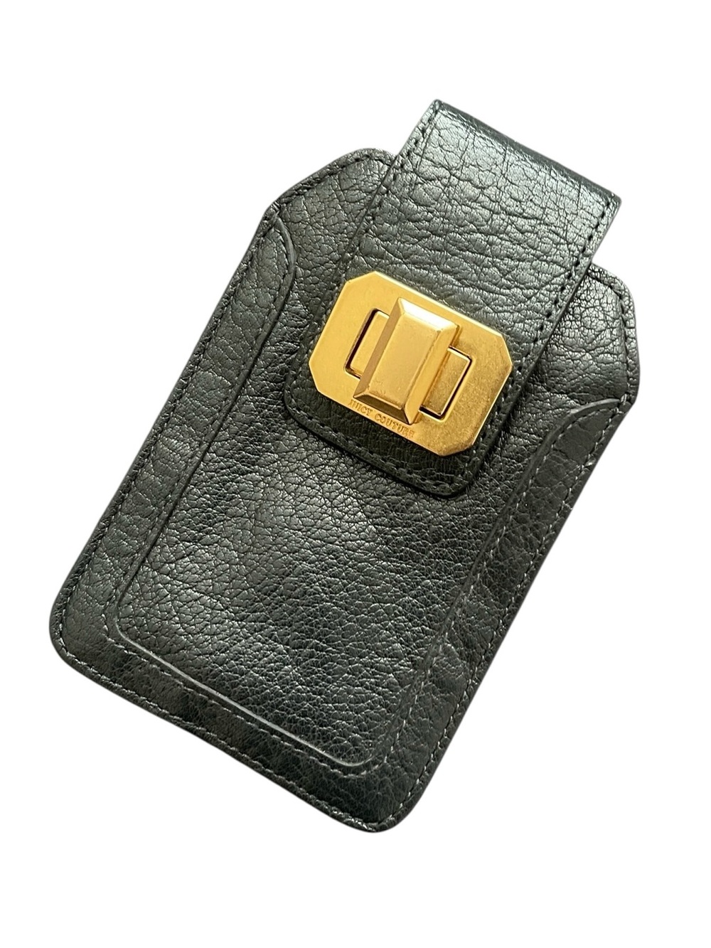 Juicy Couture Black VTG Textured Buffalo Leather Gold Turn Lock Card Case Wallet